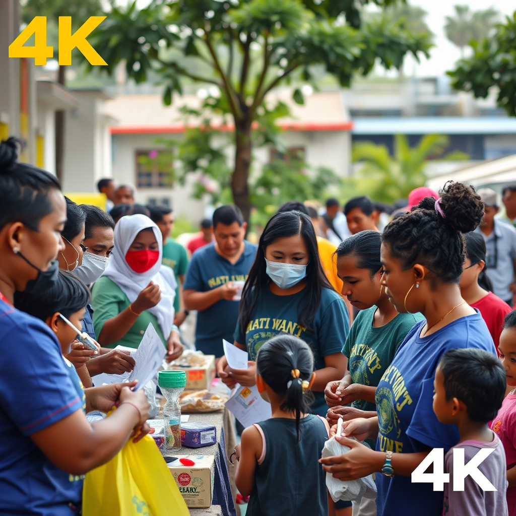 A dynamic scene of a community event, with volunteers providing assistance and engaging with residents. This includes activities such as food distribution, health check-ups, and children's activities, showcasing the breadth of community service. 4K resolution.
