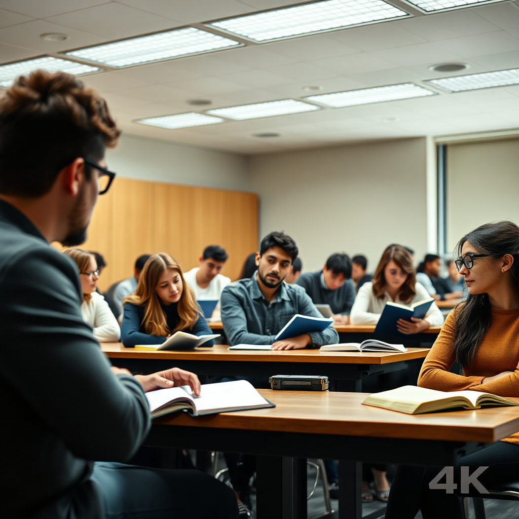 A well-lit classroom with focused students learning from an experienced instructor. Books and digital devices are visible, indicating diverse learning methods. The setting reflects a blend of traditional and modern learning environments, promoting engagement and knowledge absorption. 4K resolution.