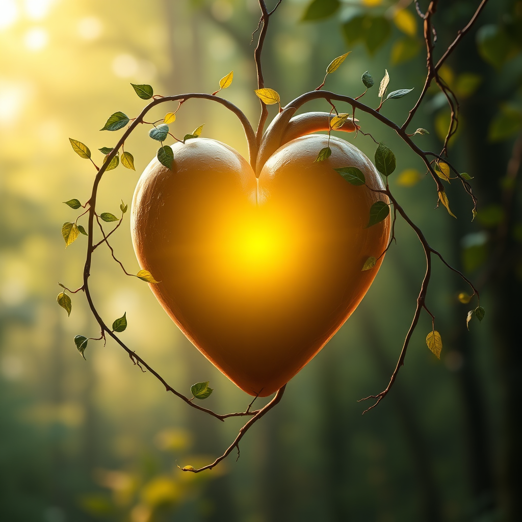 Create a photorealistic image of a heart subtly glowing with light, surrounded by intertwined vines and leaves. The light represents the connection to God's word, and the vines symbolize growth and spiritual nourishment. The background is a soft, blurred forest scene. The color palette is warm and inviting, using greens, golds, and soft whites. 4K resolution.