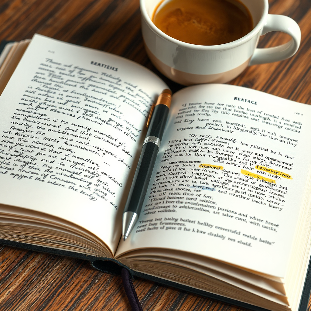 Create a photorealistic image depicting an open study guide with handwritten notes and highlighted passages. A pen rests on the page, and a cup of coffee sits nearby. The angle is a close-up shot, emphasizing the details of the study guide. The color palette is warm and inviting, using browns, greens, and creams. 4K resolution.
