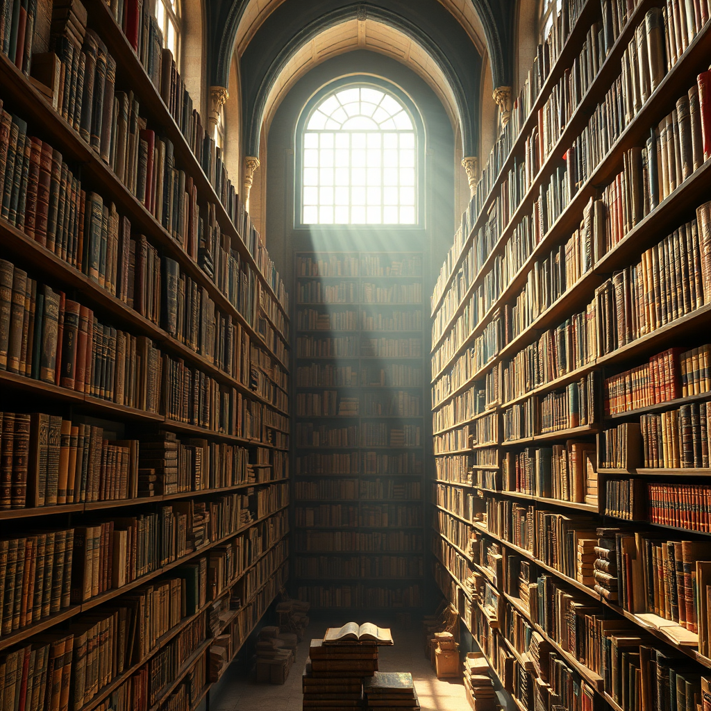 Create a photorealistic image depicting a vast library filled with ancient and modern Bibles. Light streams through arched windows, illuminating the shelves. The angle is a wide shot, emphasizing the depth and breadth of the collection. The color palette is warm and inviting, using browns, golds, and greens. 4K resolution.