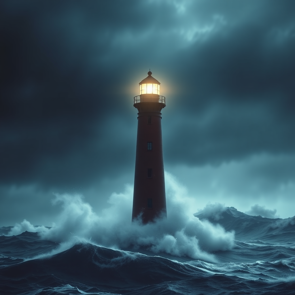Create a photorealistic image depicting a single lighthouse beam cutting through a stormy sea. The lighthouse represents hope and guidance, while the storm symbolizes adversity. The color palette is dark and dramatic, with contrasting bright light. 4K resolution.