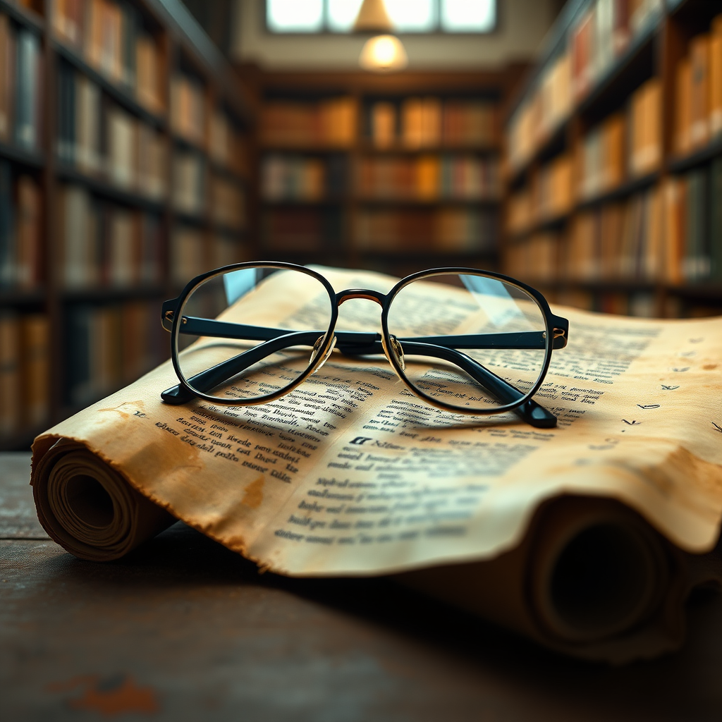 Create a photorealistic image depicting an ancient scroll with modern eyeglasses resting on top. The scroll represents historical context, while the glasses symbolize clarity and understanding. The background is a blurred library scene. The color palette is warm and scholarly, using browns, golds, and greens. 4K resolution.