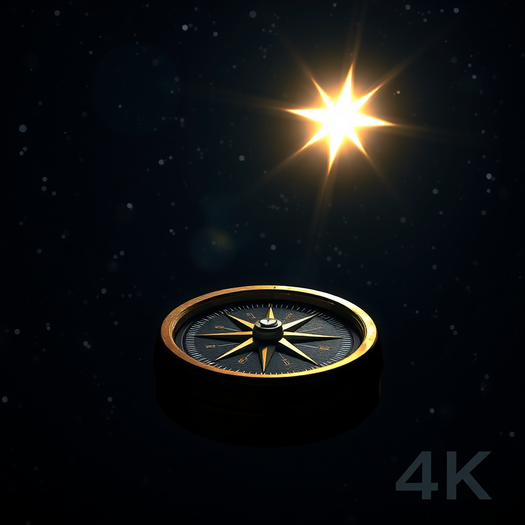 Create a photorealistic image of a compass pointing towards a bright, shining star. The compass represents guidance and direction, while the star symbolizes purpose and destiny. The background is a dark, starry night sky. 4K resolution.