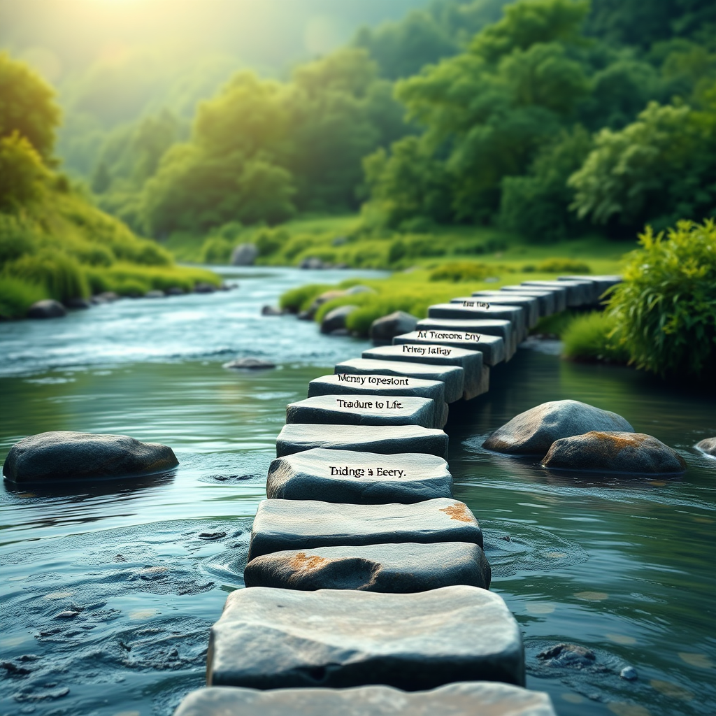 Create a photorealistic image depicting a set of stepping stones leading across a river. Each stone represents a principle or teaching from a Bible sermon, and the river symbolizes the challenges of life. The background is a lush, green landscape. The color palette is vibrant and hopeful, using greens, blues, and yellows. 4K resolution.