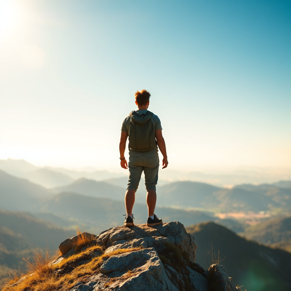 Create a photorealistic image depicting a person standing on a mountaintop, bathed in golden sunlight. They are looking out over a vast landscape, symbolizing personal growth and a newfound perspective. The sky is clear and blue, representing hope and inspiration. The style should be uplifting and motivational. 4K resolution.