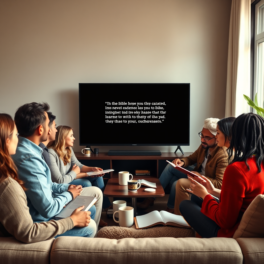 Create a photorealistic image for the "About Us" section of Pastors Rant. The scene depicts a diverse group of people gathered around a screen displaying a Bible verse. They are engaged in thoughtful discussion, some taking notes, others listening intently. The setting is a modern, comfortable living room with soft lighting. The color palette is warm and inviting, using earth tones and pops of color. The camera angle is a slightly wide shot, capturing the entire group and the sense of community. The style should be modern and approachable, emphasizing the accessibility of online learning. Include subtle details like coffee mugs and open notebooks to create a realistic and relatable atmosphere. 4K resolution, high quality rendering.