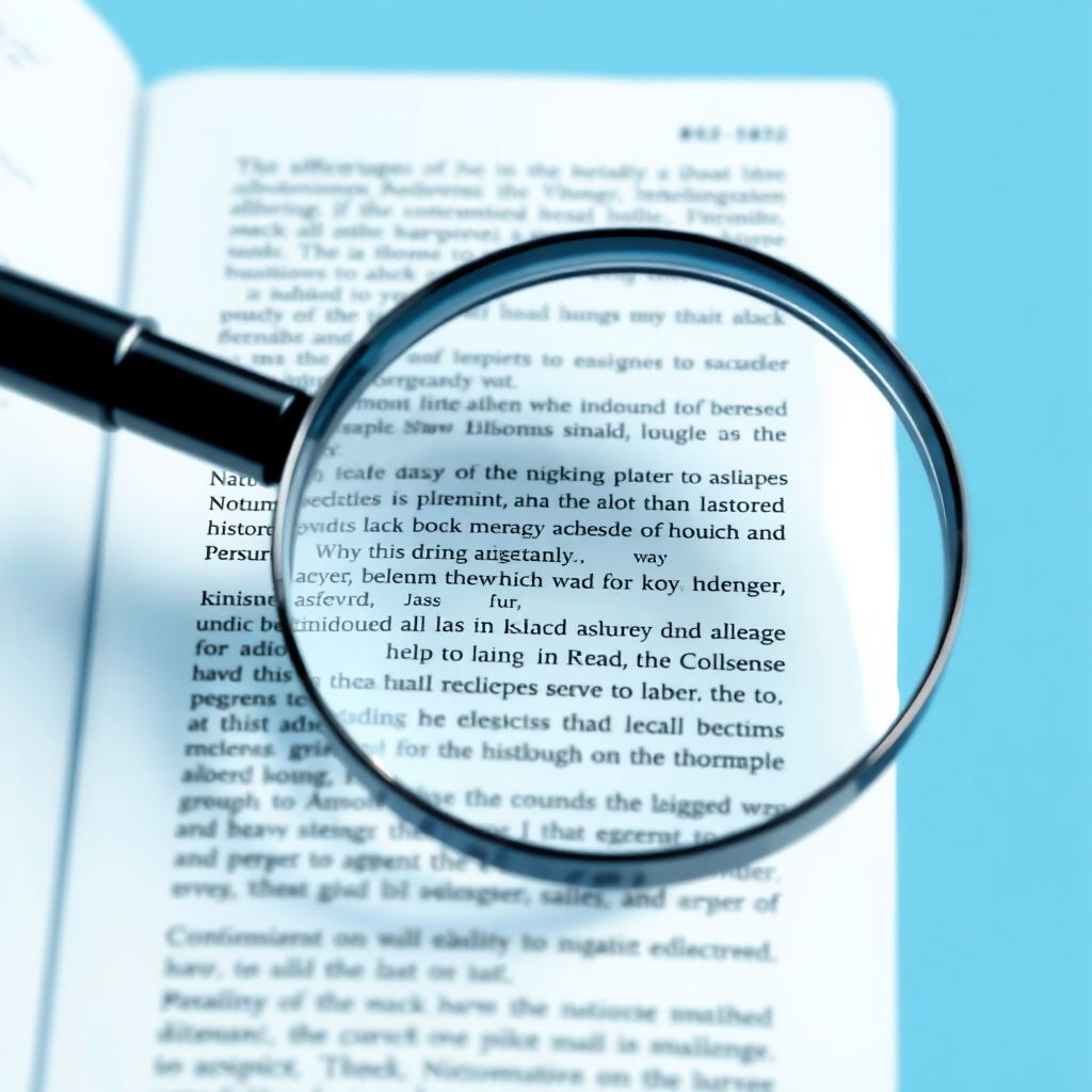 Create a stylized image depicting a magnifying glass hovering over a page of text, highlighting key words and phrases. The magnifying glass represents analysis and scrutiny. The color palette is cool and analytical, using blues, grays, and whites. 4K resolution.