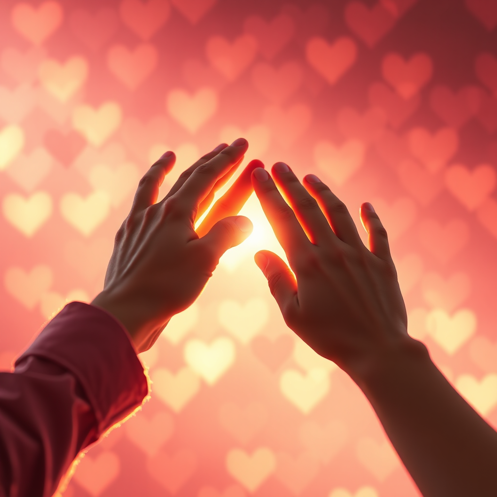 Create a stylized image depicting two hands reaching out to each other, bathed in soft, warm light. The hands represent love, connection, and compassion. The background is a blurred, abstract pattern of hearts. The color palette is warm and inviting, using pinks, oranges, and golds. 4K resolution.