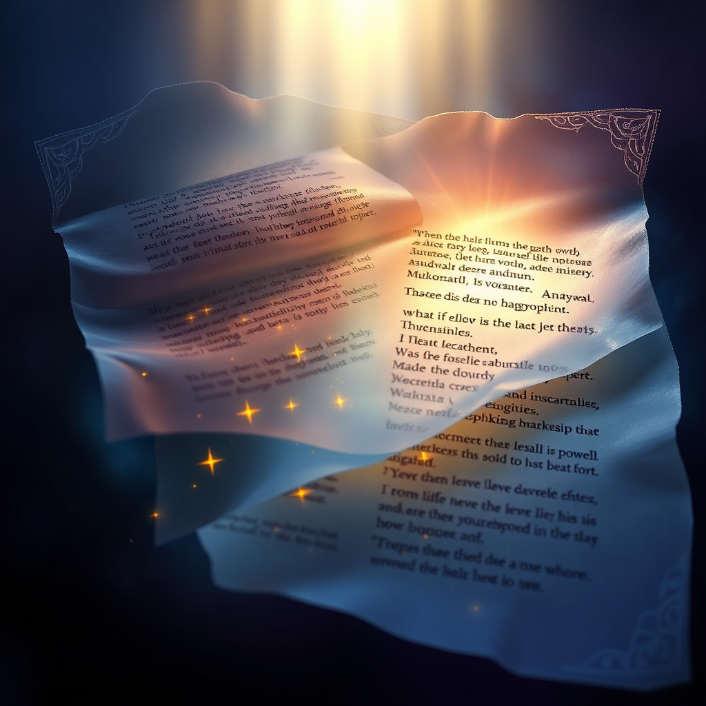 Create a stylized image representing the unveiling of hidden meanings in Bible sermons. The scene depicts layers of translucent parchment overlapping, with key words from scripture highlighted in gold. Light emanates from behind the parchment, revealing the hidden text. The style should be ethereal and mysterious, evoking a sense of discovery. Use a color palette of deep blues, purples, and gold. 4K resolution.