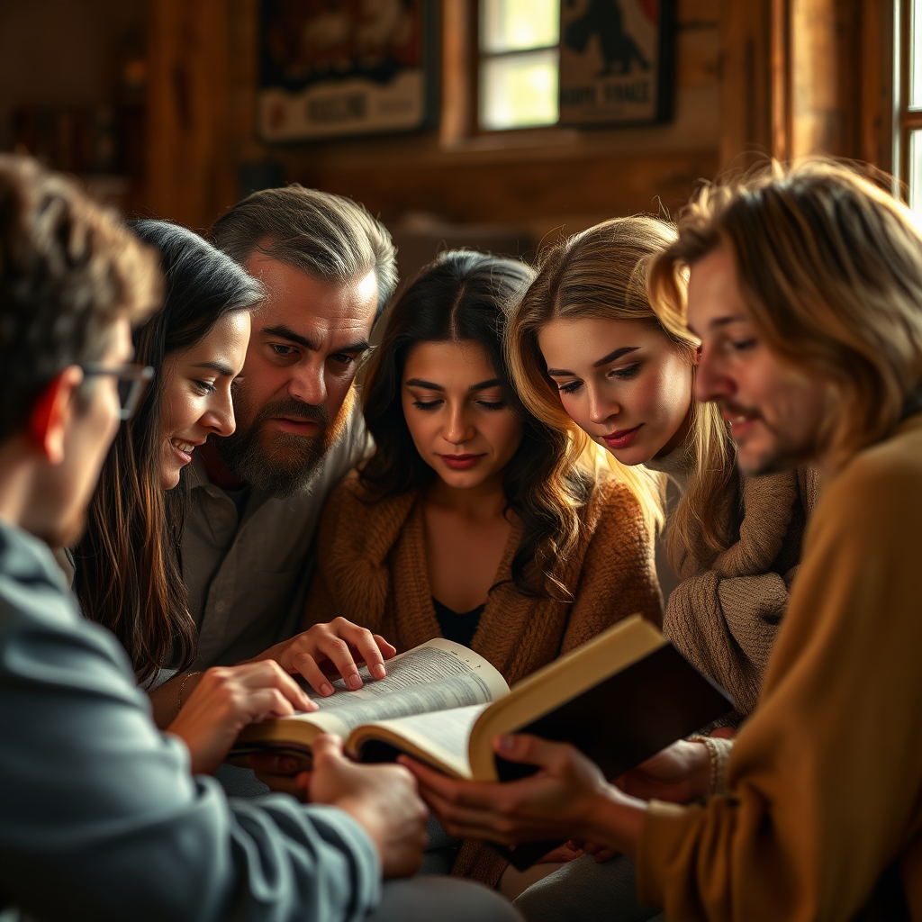 Create an image depicting a group of people engaged in a Bible study session. Focus should be on the expressions of understanding and enlightenment on their faces as they discuss the scriptures. Use warm lighting and natural tones to create a sense of community and spiritual connection. 4K resolution, photorealistic style.