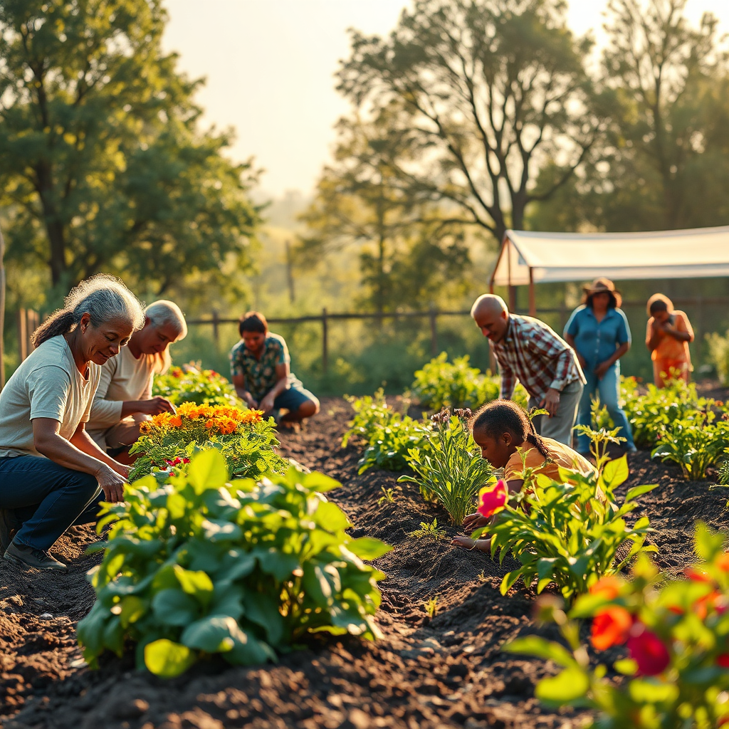 Create an image showing a community garden flourishing, with people of different ages working together to cultivate the land. The garden symbolizes hope, growth, and the promise of a brighter future. The lighting should be warm and inviting, emphasizing the beauty and abundance of the natural world. 4K resolution, photorealistic style.