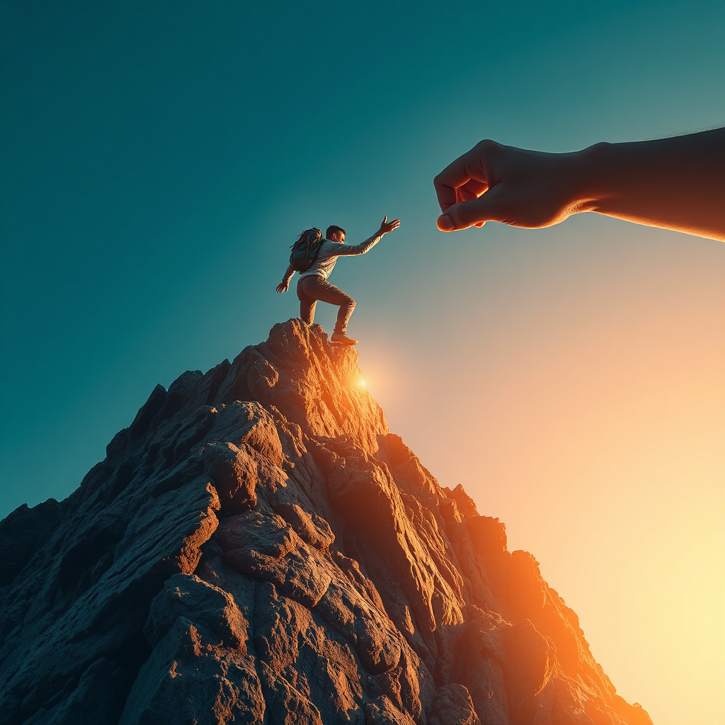 Generate a visual metaphor depicting a person climbing a mountain, representing life's challenges. A hand reaches down to help them, symbolizing the support provided by a Christian ministry. The scene should convey a sense of hope, determination, and the power of faith to overcome adversity. Use dramatic lighting to emphasize the struggle and the triumph. 4K resolution.