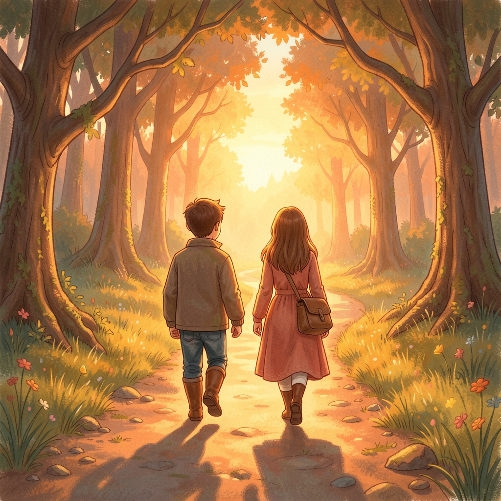 Leo and Mira walking home at sunset.