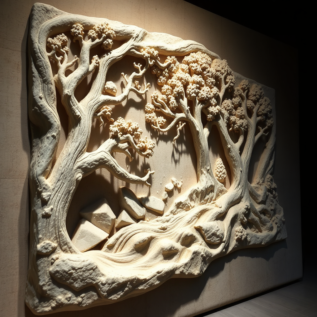 Stone relief carving of a forest scene