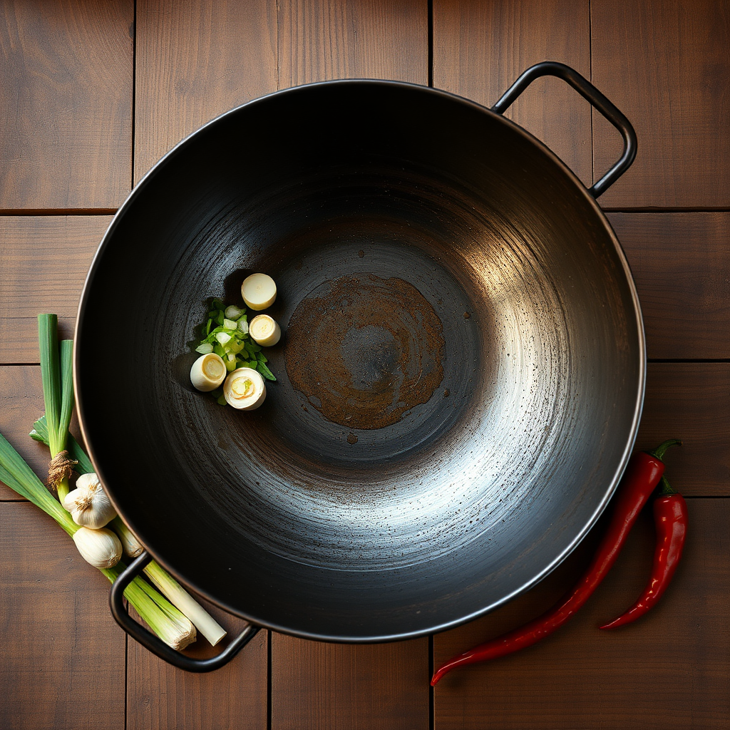 A seasoned wok with fresh ingredients.