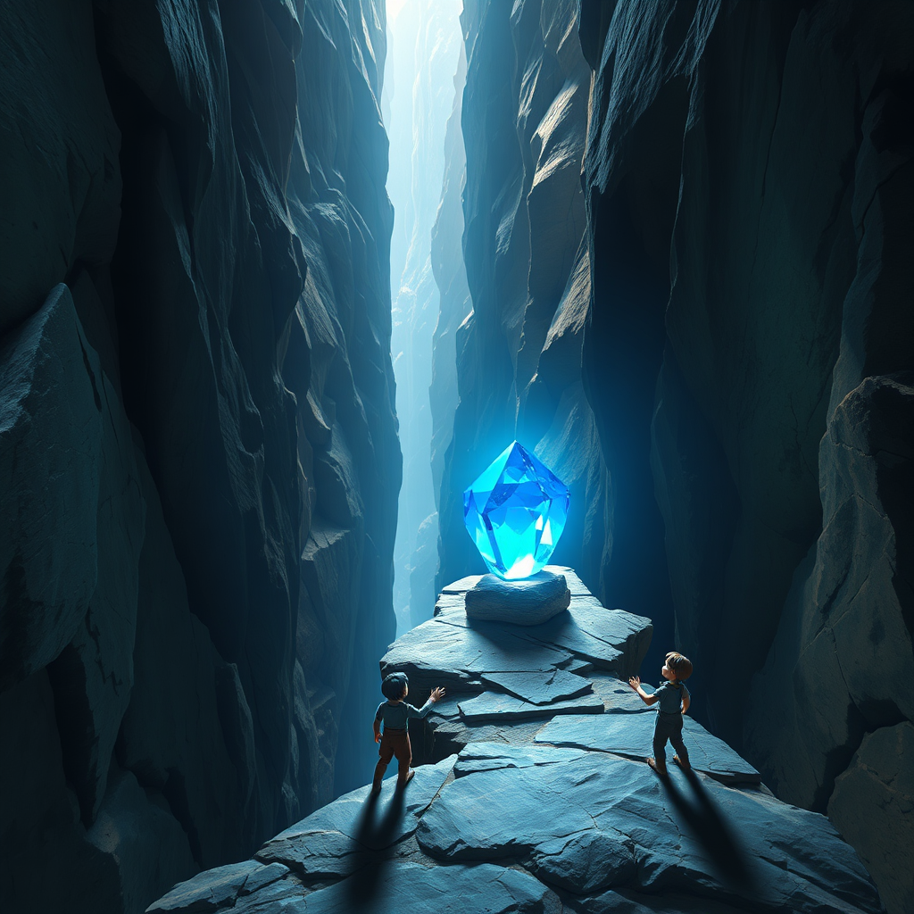 Discovery of a glowing blue crystal shard in a canyon.