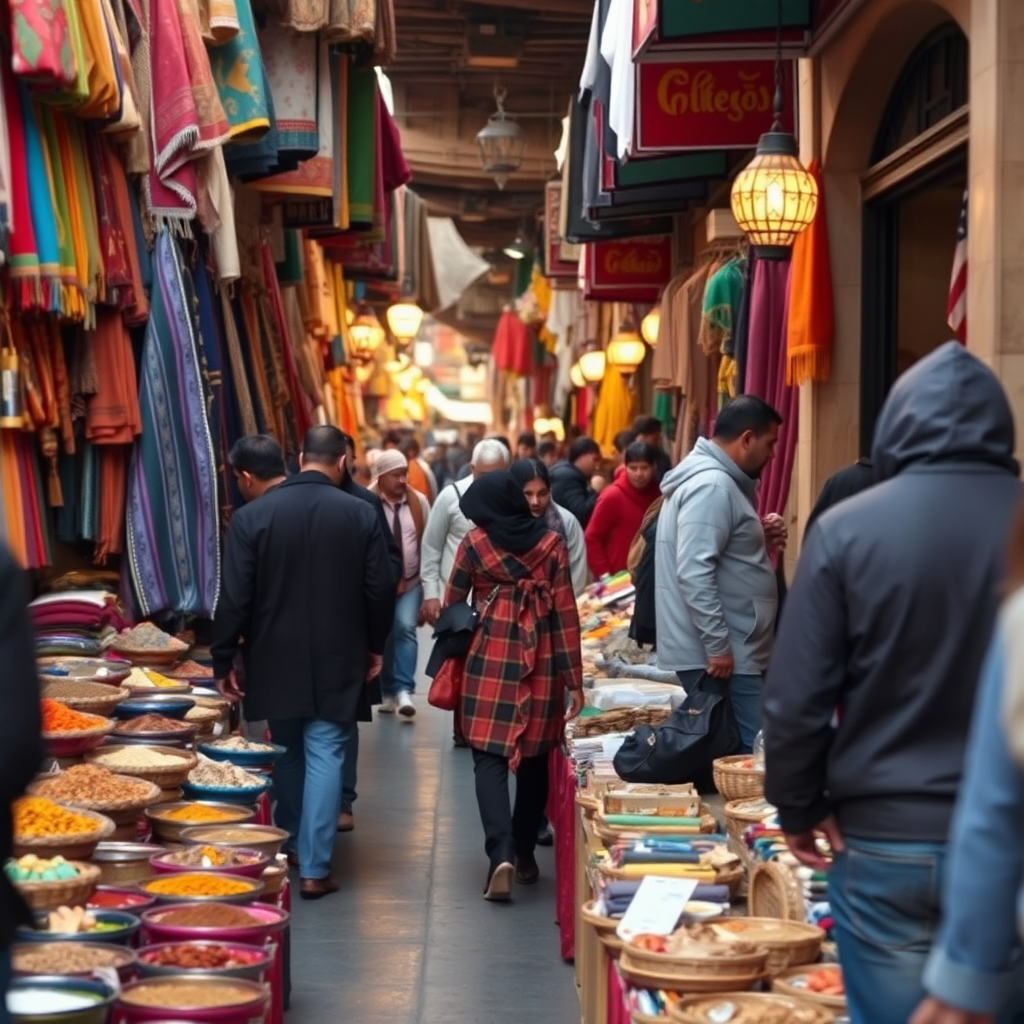 Bustling Marrakesh street market scene