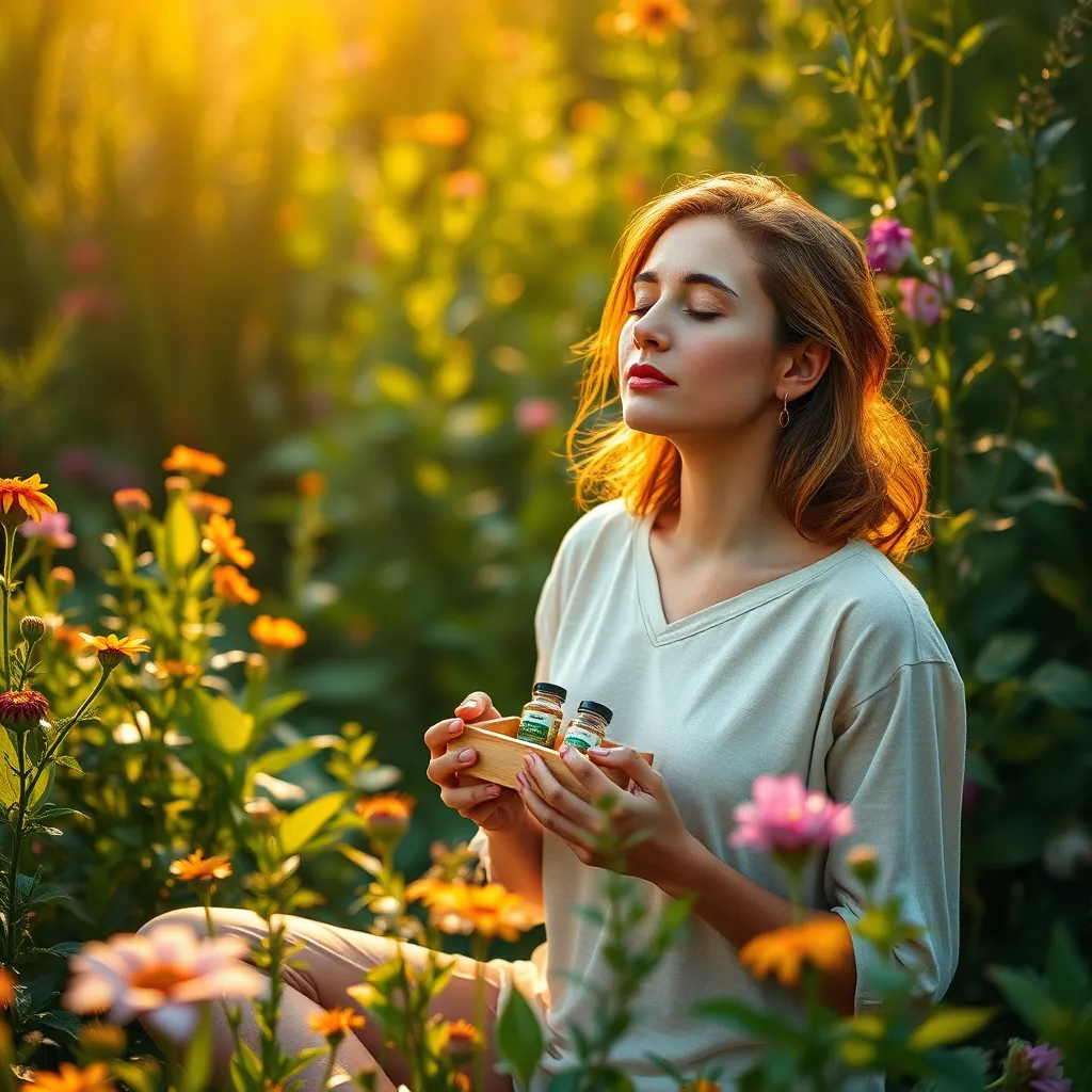 Doğal sağlık hikayesini anlatan büyüleyici, yüksek çözünürlüklü bir görüntü. Görüntü, canlı çiçekler ve yeşilliklerle çevrili yemyeşil bir bahçede meditasyon yapan bir kadının huzurlu bir sahnesini tasvir ediyor. Işık yumuşak ve altın renginde, kadına ve çevresine sıcak bir parıltı yayıyor. Kadın rahat, doğal kıyafetler giyiyor ve gözleri huzurlu bir şekilde tefekkürle kapalı. Organik Market'in bitkisel takviyelerini içeren küçük, el yapımı ahşap bir kutu tutuyor. Sahne, huzur, dinginlik ve doğanın refahı teşvik etme gücünü aktarıyor. Görüntü, kadının cildinin dokusunu, çiçeklerin yumuşak yapraklarını ve yemyeşil bitkileri yakalayarak ayrıntılar açısından zengin olmalıdır. Genel ruh hali dingin ve davetkardır, sakinlik ve sağlık duygusunu teşvik eder. Görüntü, kadının huzurlu duruşunu ve çevresinin dinginliğini vurgulamak için çerçevelenmelidir. Kamera açısı, kadını hafifçe yukarıdan bir perspektiften yakalamak ve doğal dünyayla bağlantısını vurgulamak için hafifçe yükseltilmelidir.