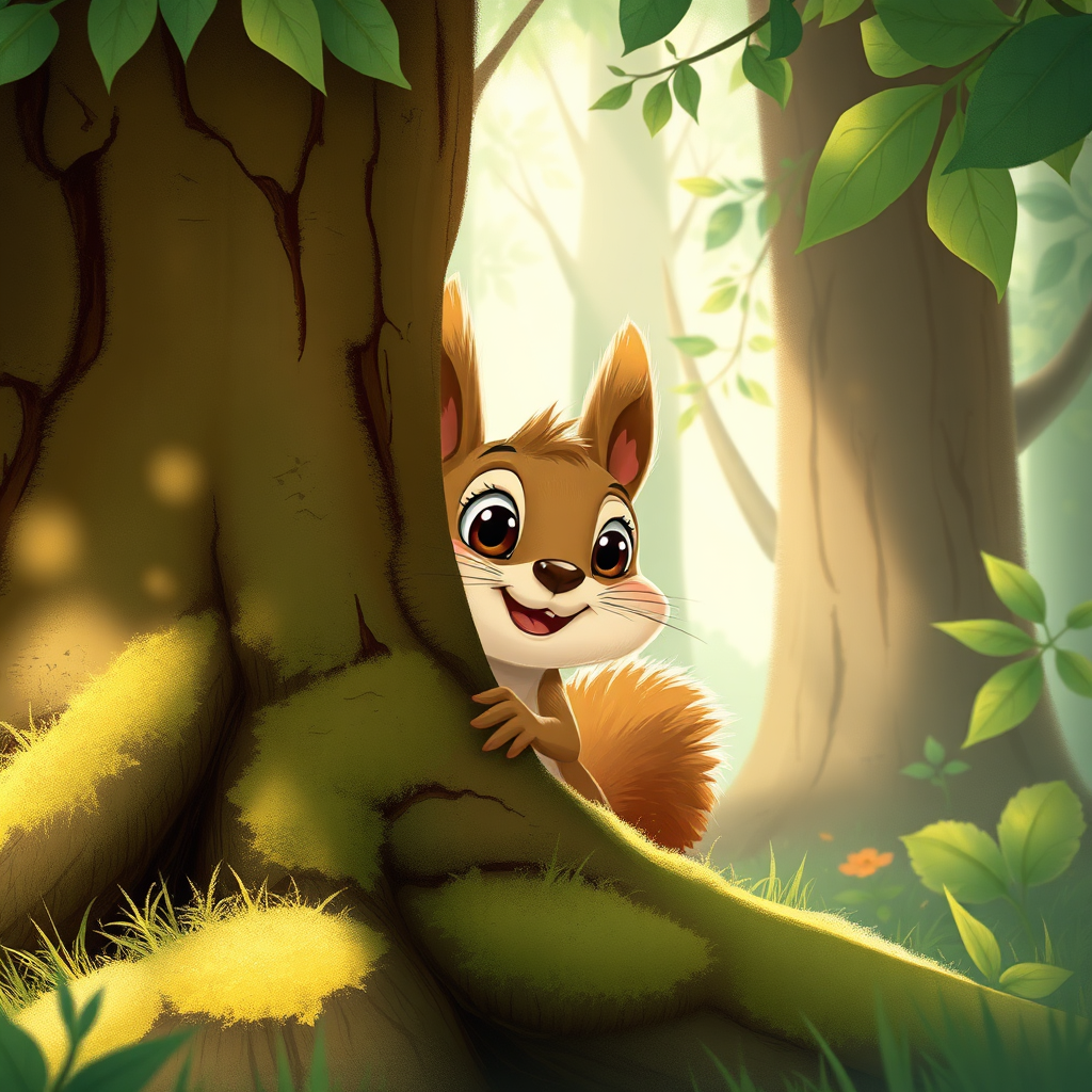 Ceviz the squirrel looking curious from behind a tree
