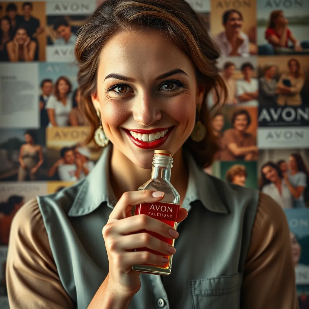 Vintage bir Avon şişesi tutan, gülümseyen ve kameraya bakan bir kadının yakın çekim görüntüsü. Arka planda, Avon'un tarihini ve kadınların birlikte çalışması, hedeflere ulaşması ve başarıyı kutlaması gibi ilham verici anları tasvir eden bir görüntü montajı. Görüntü nostalji ve güçlenme duygusu uyandırıyor.