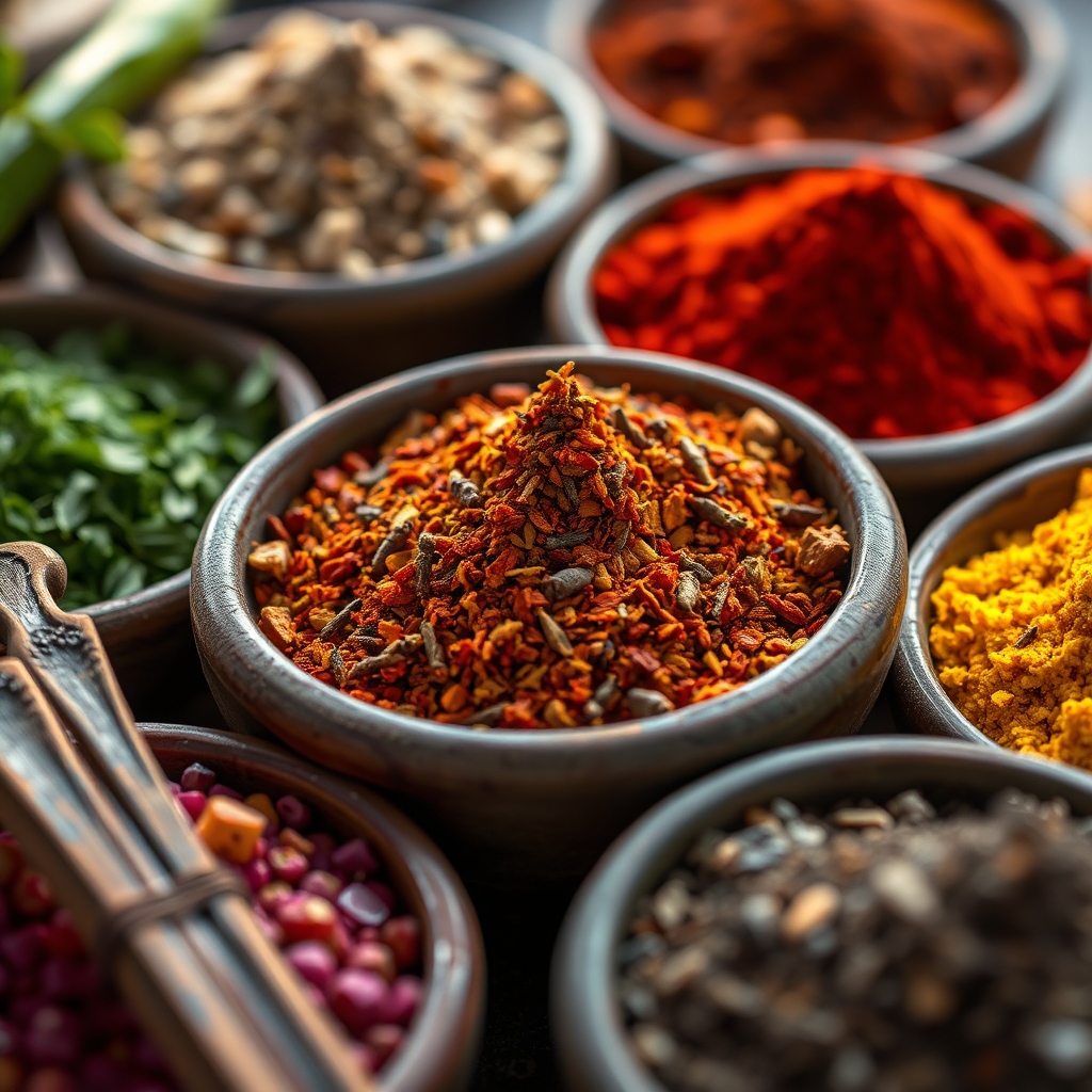 Colorful spices in rustic bowls