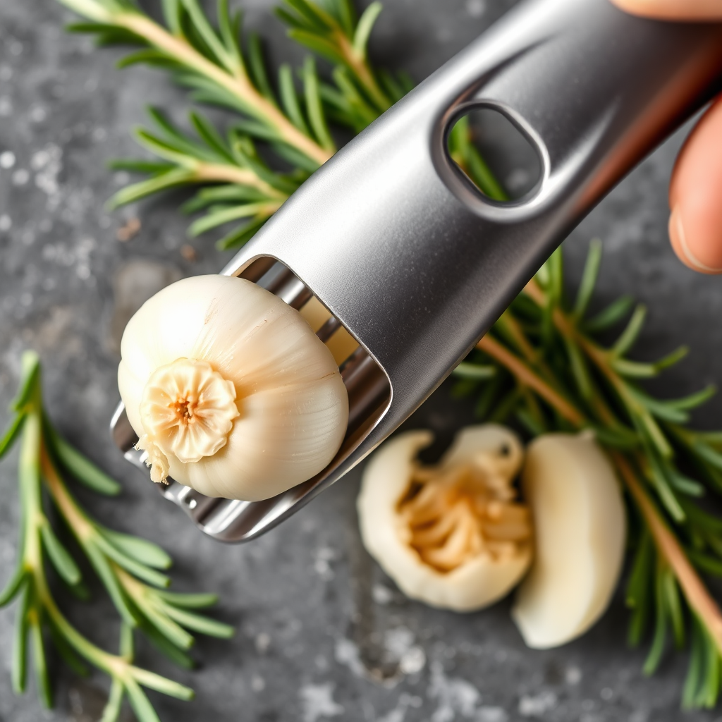 A close-up, overhead shot of the Push Garlic Crusher perfectly slicing a garlic clove. The backdrop features a vibrant green sprig of rosemary, adding a pop of color and freshness. Focus is on the precision of the slicing and the ease of use of the product. Photorealistic style, emphasizing the sharp, clean lines of the slicer and the texture of the garlic. Lighting is bright and even to showcase details.