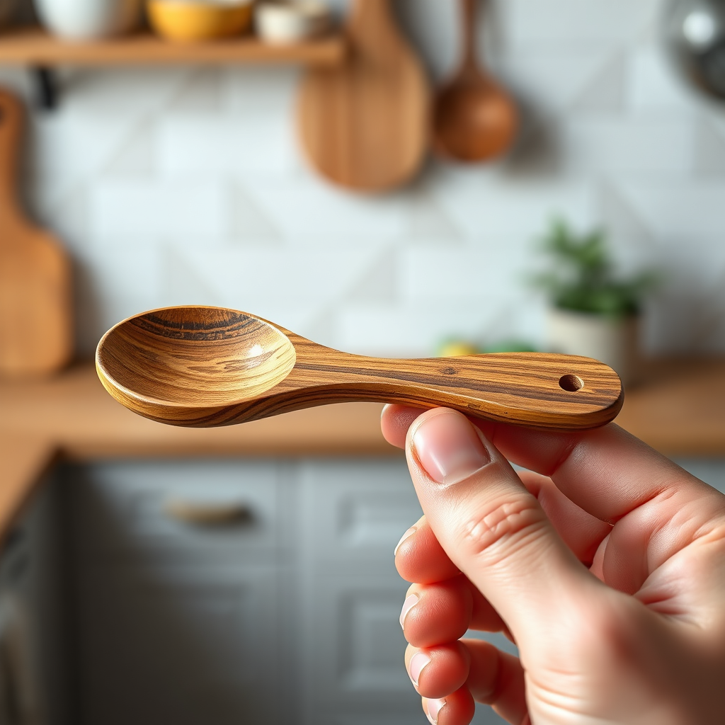 A close-up, photorealistic image of a hand holding a wood look spoon. The focus is on the texture and shape of the handle, highlighting its ergonomic design. The background is blurred, suggesting a kitchen environment. The lighting is soft and diffused to emphasize the comfort and warmth of the utensil. 8k resolution, hyperrealistic.