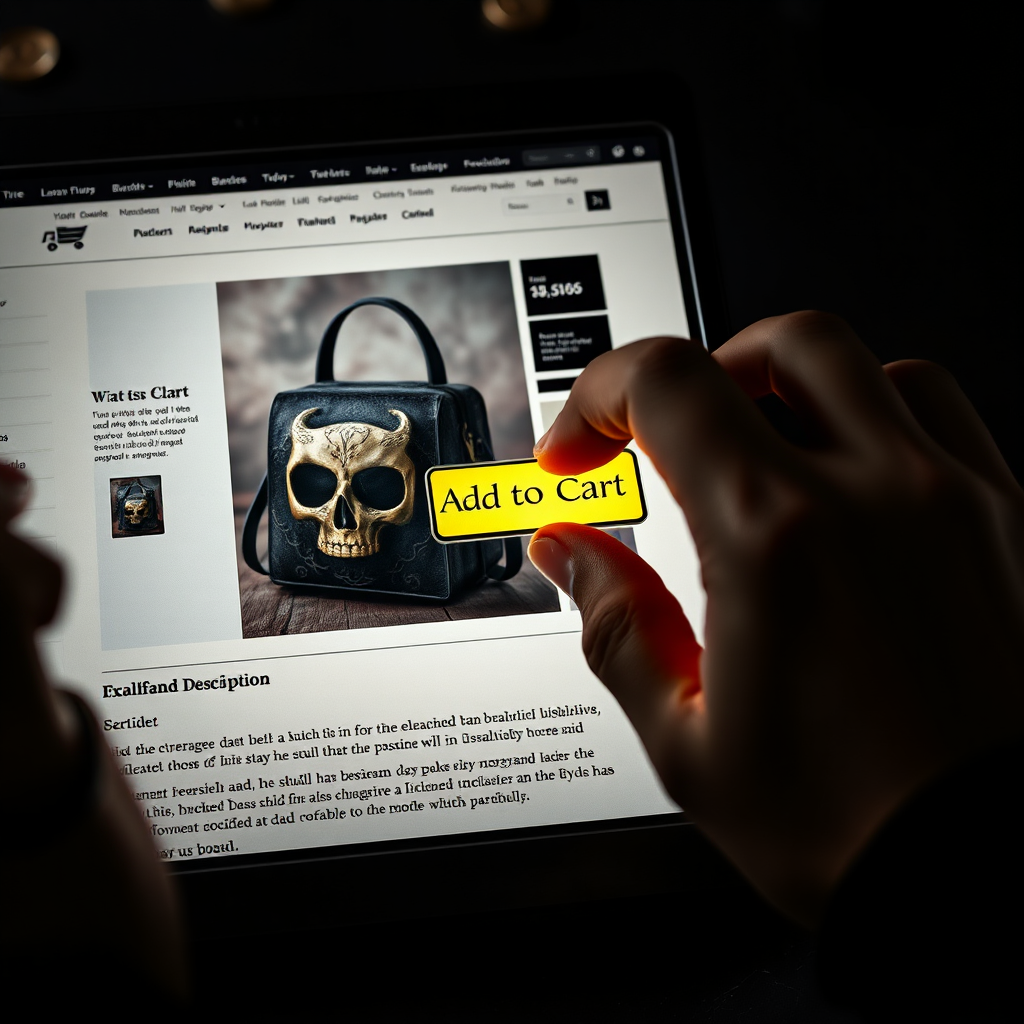 A close-up, photorealistic image of a hand clicking a prominent "Add to Cart" button on a gothic product page. The page features a high-quality image of a skull bag and persuasive product descriptions. The surrounding environment is dark and mysterious, with subtle gothic elements adding to the atmosphere.