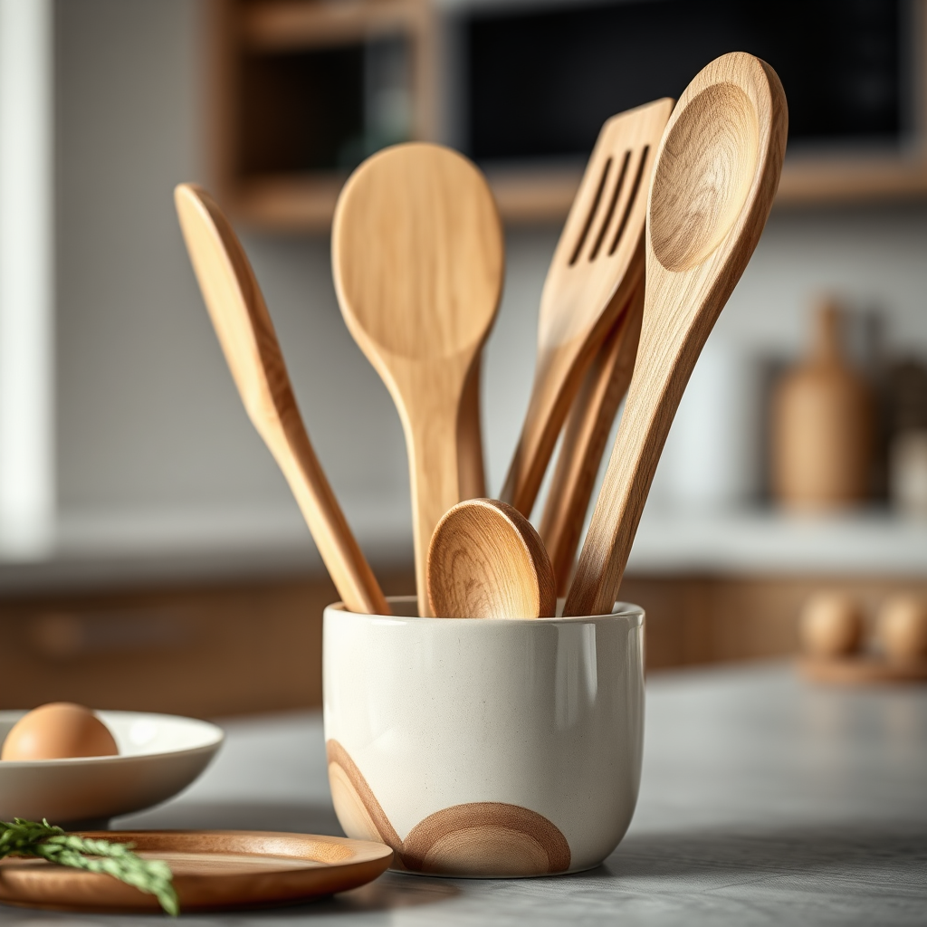 A close-up, photorealistic image of several wood look utensils resting in a ceramic utensil holder. The utensils are slightly angled to show off the wood grain detail. The background is blurred, suggesting a modern kitchen setting. Soft, diffused lighting highlights the textures and contours of the utensils. Focus is on capturing the warmth and elegance of the wood look material. 8k resolution, hyperrealistic.