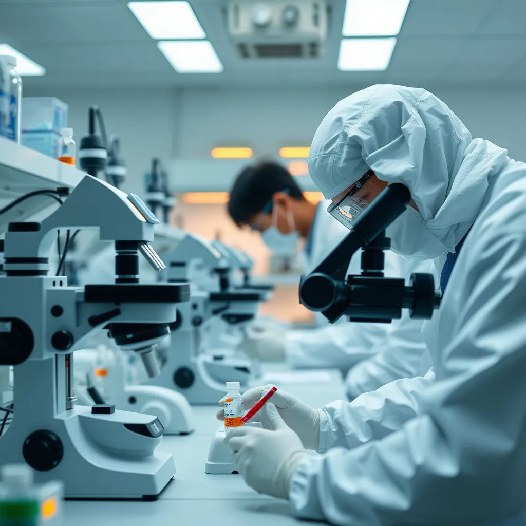 Beyaz önlüklü bilim insanlarının Atomy ürünleri üzerinde testler yürüttüğü bir laboratuvar ortamının yakın çekimi. Görüntü, aletlerin hassasiyetini, steril ortamı ve test sürecinin titizliğini vurgulamalı, bilimsel titizlik ve kaliteye bağlılık duygusunu iletmelidir.