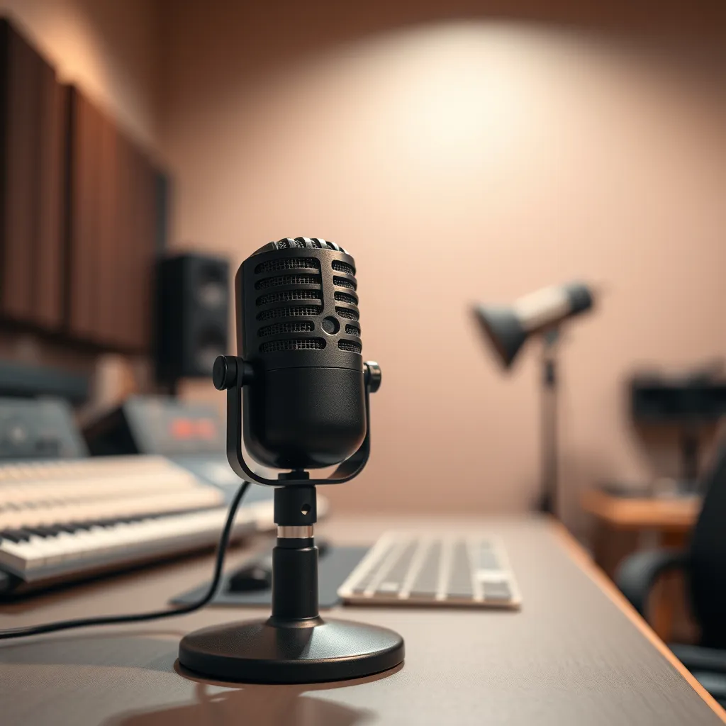 Stüdyo masasına değiştirilen profesyonel bir mikrofonun yakın çekim görüntüsü. Mikrofon şık ve yüksek kalitelidir, yüzeyini aydınlatan yumuşak, dağınık bir aydınlatma vardır. Arka plan, ses geçirmez duvarlar ve temiz, dağınıklıktan uzak bir ortamla minimalist bir stüdyo ortamıdır. Odak, yüksek kaliteli ve profesyonel görünümü vurgulayan mikrofondadır. Yumuşak, sıcak aydınlatma rahat ve davetkar bir atmosfer yaratır. Renk paleti yumuşak ve zariftir, profesyonellik ve kaliteyi iletir. Görüntüye sığacak bir alan derinliğiyle işleyin, arka planı genişletin ve mikrofona odaklanın, bir samimiyetin ayrıntılarını vurgulayın. Genel ruh hali, Yaratıcı Çözümler tarafından sunulan yüksek kaliteli seslendirme ve esneklik, profesyonellik, odaklanma ve yaratıcılıktır. Görüntüyü 8K birimlerinde işleyin, mikrofonun ve stüdyo ortamının karmaşık ayrıntılarını hiper ayrıntı ayrıntılarını ve netlikle yakalayın.