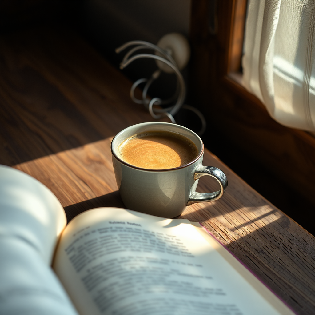 Steaming cup of coffee and an open book
