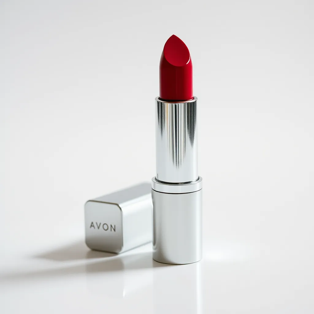 Şık, minimalist beyaz bir arka planda, eski bir Avon ruj tüpünün yanında modern bir Avon cilt bakım ürününün yakın çekimi. Görüntü, Avon'un ürün tekliflerinde zamansızlık ve evrim duygusu uyandırmalıdır.