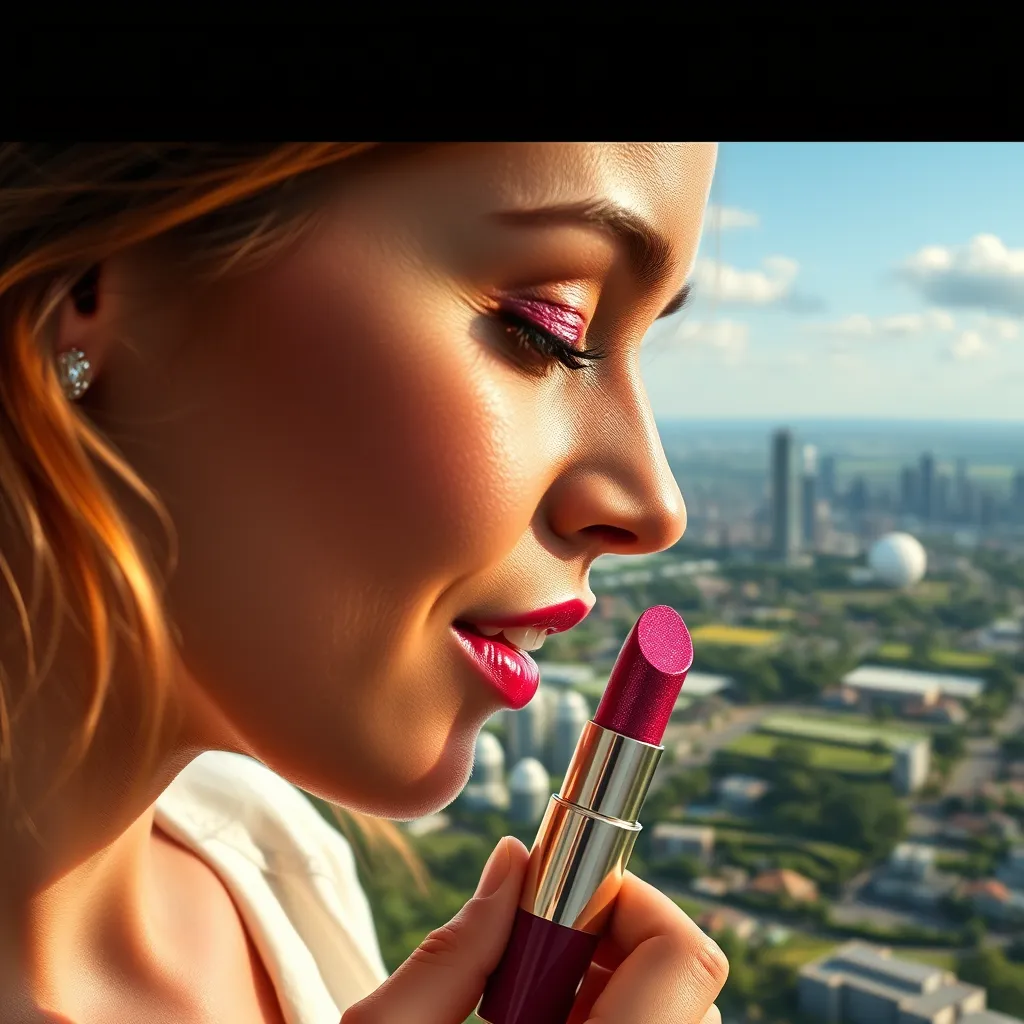 Canlı, ışıltılı bir Oriflame ruju süren bir kadının yakın çekim görüntüsü. Arkasında, sürdürülebilir bir geleceği simgeleyen yeşil alanlara ve yenilenebilir enerji kaynaklarına odaklanan panoramik bir şehir manzarası görülüyor. Görüntünün sıcak, davetkar bir tonu var.