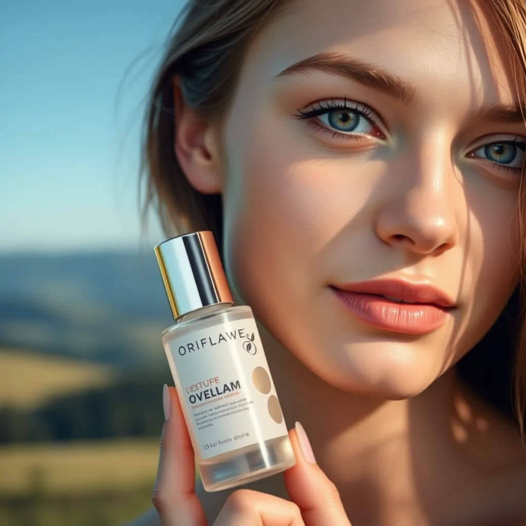Kusursuz bir cilde sahip, doğal görünümlü makyaj yapan, temiz ve minimalist bir tasarıma sahip bir şişe Oriflame serumu tutan bir kadının yakın çekim görüntüsü. Arka plan, yuvarlanan tepeler ve berrak mavi bir gökyüzüne sahip yumuşak, bulanık bir İsveç manzarası görüntüsüdür.