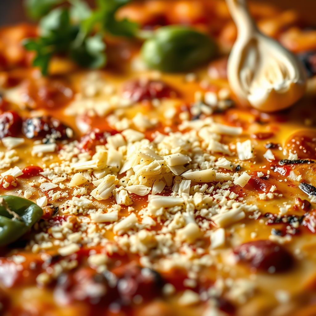 A close-up shot of freshly minced garlic sprinkled on a gourmet pizza, highlighting the aroma and flavor enhancement. The lighting is warm and appetizing. Focus is on the garlic and its impact on the dish. Photorealistic rendering with a focus on texture.
