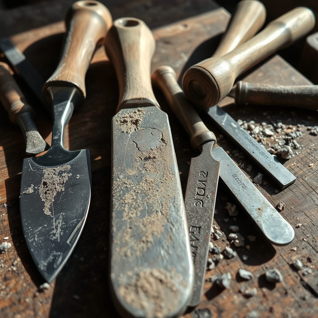 Stone carving tools on a workbench