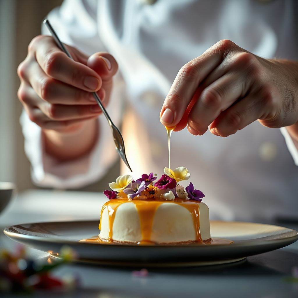 Chef decorating a gourmet dessert