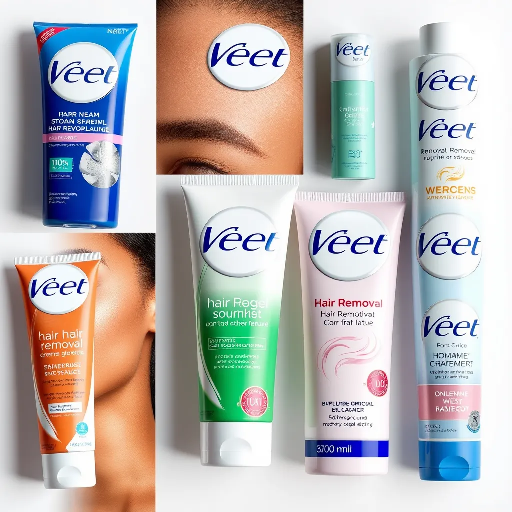 Çeşitli Veet tüy dökücü krem ​​ürünlerinin kolajı, mevcut seçeneklerin çeşitliliğini vurgular. Görselde, markanın herkes için çözümler sunma taahhüdünü sergileyen, farklı cilt tipleri ve saç dokuları için tasarlanmış ürünler yer almalıdır.