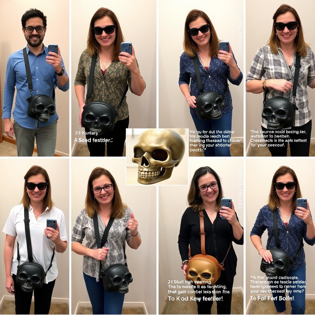 Müşterilerin 3D Skull Crossbody Çantayı çeşitli şekillerde gururla taktığı, kullanıcı tarafından depolanan içeriklerden oluşan bir derleme. renkler, çantanın benzersiz tarzı ve çok yönlülüğünün değişimi ve birbiriyle ilişkilendirilebilir niteliktedir. Görsel olarak vurgulanan, değiştirilen üründen memnun kalan kısa bir referans ekleniyor. Genel etki, güven veren ve potansiyel alıcıları satın almaya teşvik eden samimi ve ikna edici bir etkinlik yaratıyor.
