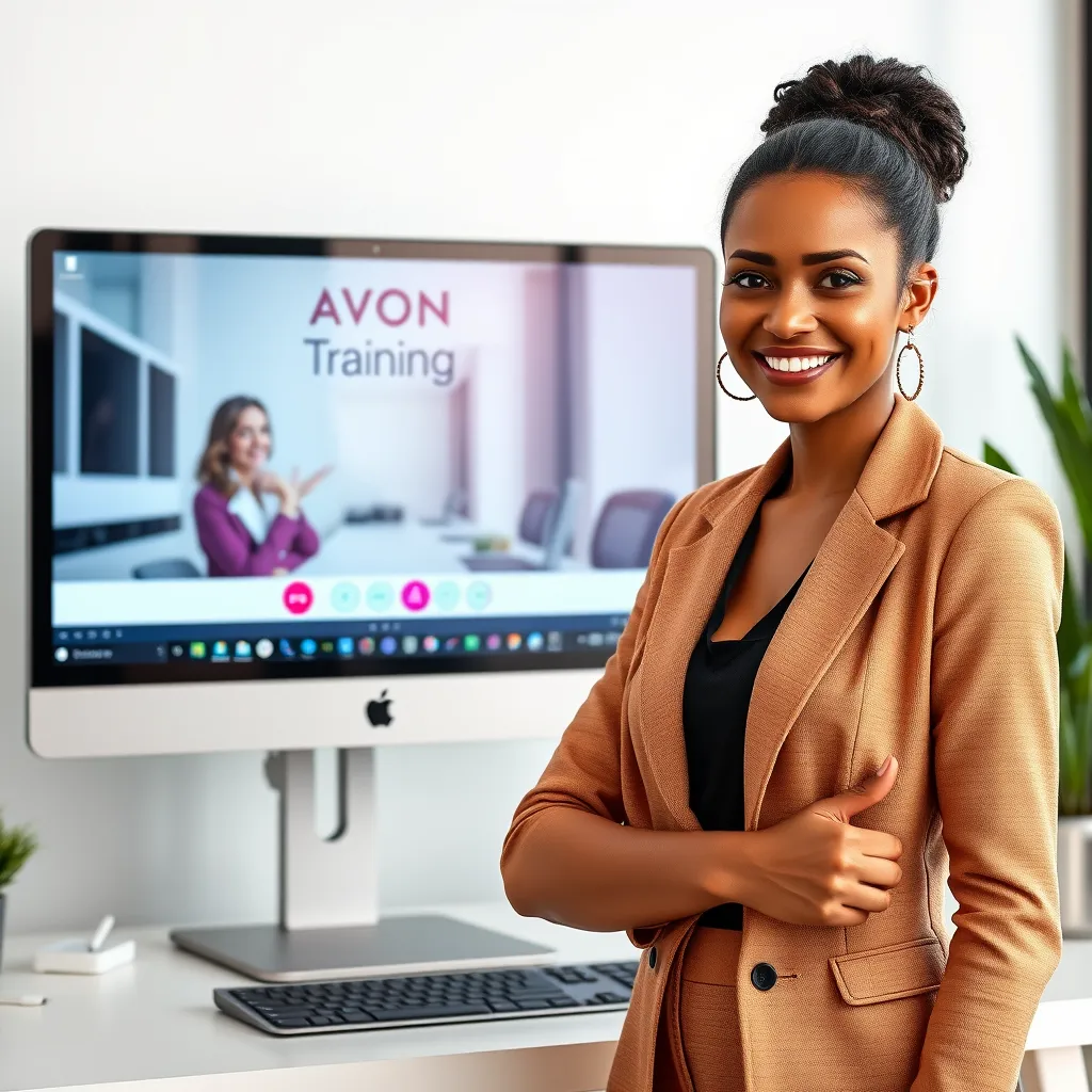 Şık bir kıyafetle, sanal bir Avon eğitim seansını gösteren bir bilgisayar ekranının önünde duran kendine güvenen bir kadın. Olumlu bir ifadeye sahip ve çevrimiçi öğrenme deneyimine aktif olarak katılıyor. Resim, modern Avon eğitim fırsatlarının erişilebilirliğini ve rahatlığını temsil ediyor.