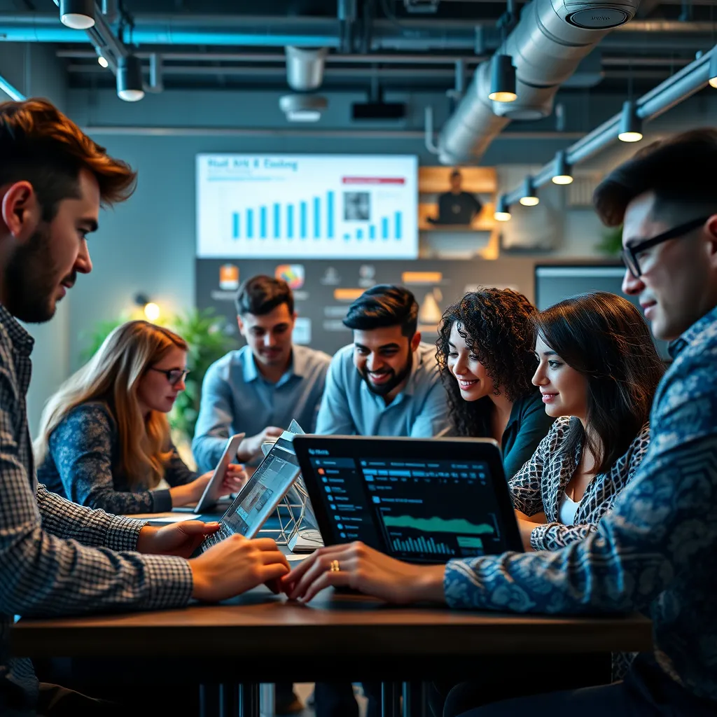 Birlikte iş birliği içinde çalışan çeşitli paketlerden oluşan bir ekip. Sosyal medya panoları, e-posta pazarlama yazılımları ve analiz platformları dahil olmak üzere çeşitli dijital pazarlama araçları ve platformları kullanıyorlar. Atmosfer canlı ve enerjik, ekip çalışması ve inovasyona odaklanıyor.