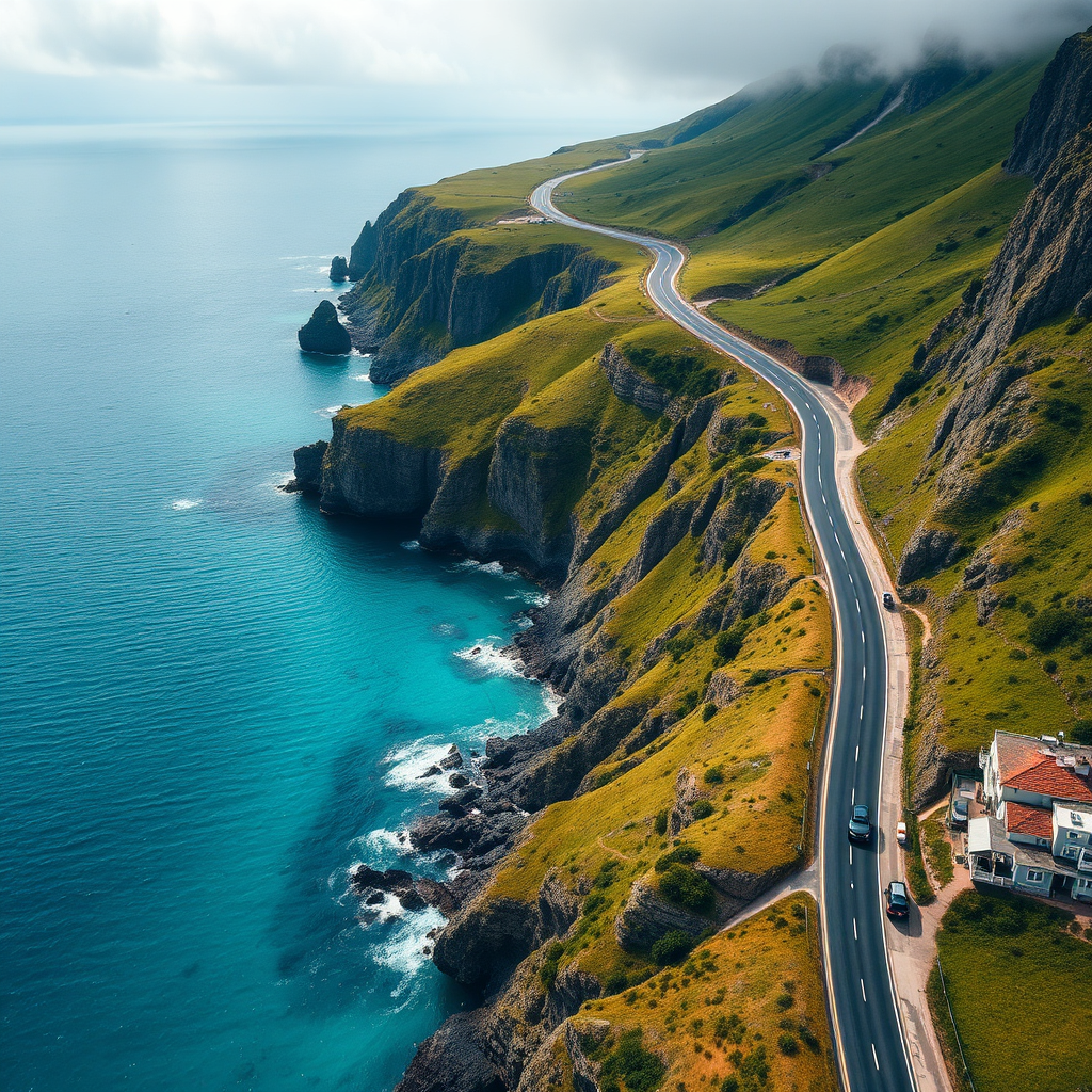 Aerial view of a winding coastal road