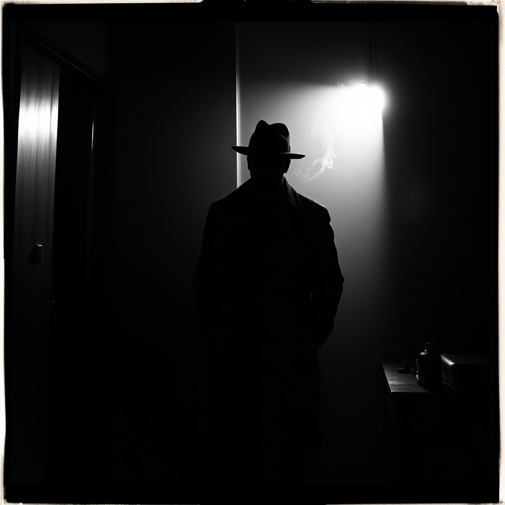 Film noir detective in a dimly lit office