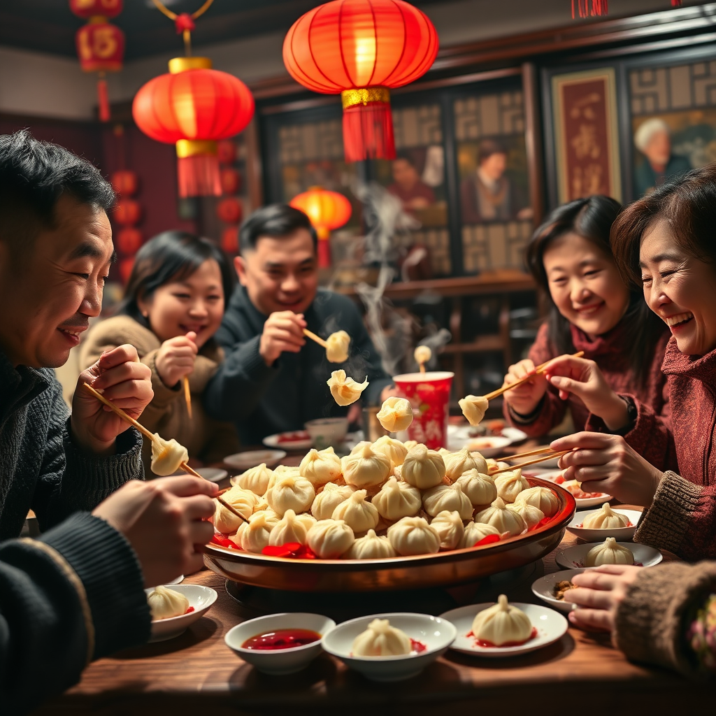 Family enjoying a New Year's meal with dumplings.