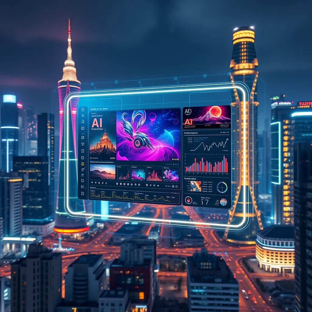 Geceleyin çeşitli AI destekli video düzenleme ve pazarlama araçlarını sergileyen holografik bir ekrana sahip fütüristik, canlı bir şehir manzarası. Ekran, büyüleyici görseller, görsel görselleştirmeler ve hareketli çalışmalarla dolu. Şehrin modern manzarası, teknolojik bir gidişatı yansıtıyor.