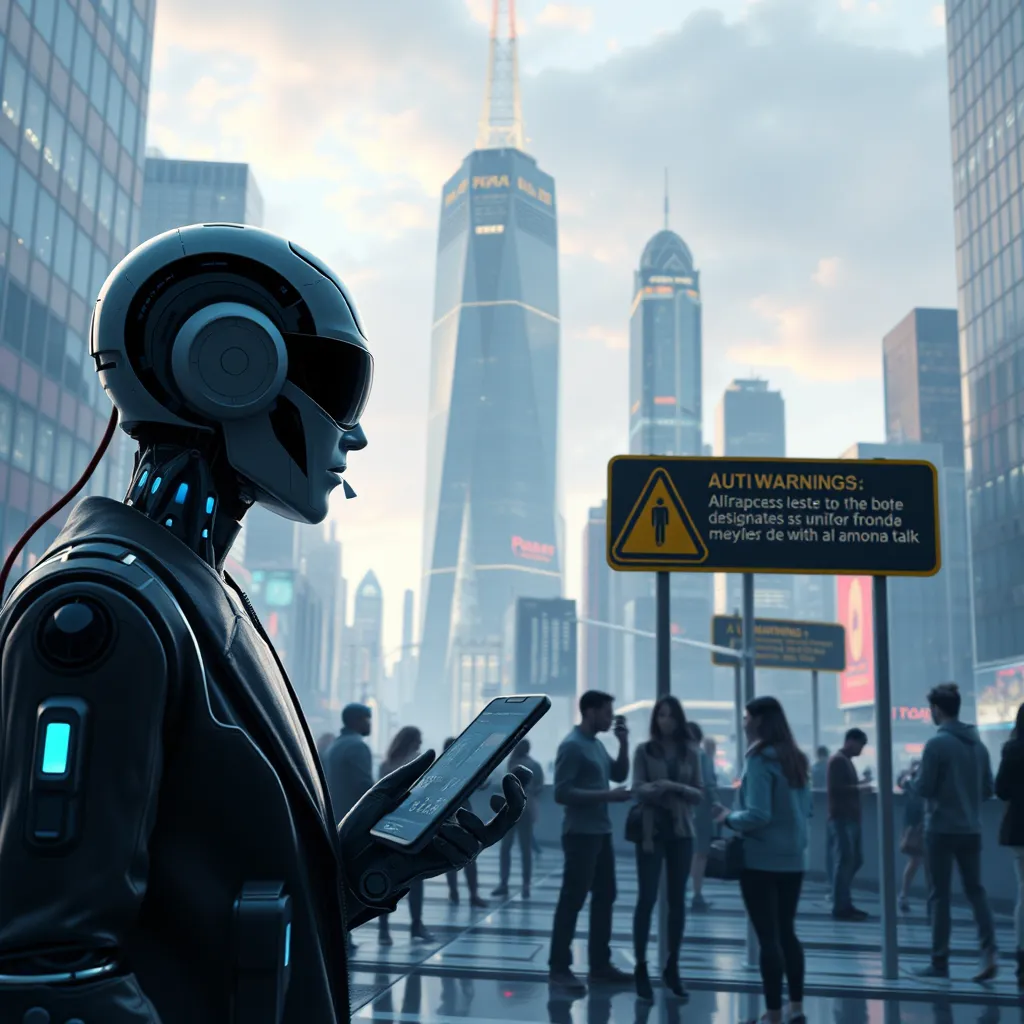 insanların AI asistanlarıyla etkileşime girdiği, ancak Gizlilik, gizlilik ihlalleri ve iş kaybı gibi etik sorunlarla ilgili uyarı işaretlerinin ince ve bir sembol şekilde üst üste geldiği fütüristik bir şehir manzarası. Görüntü, Human Talk teknolojilerinin geliştirilmesi ve yaygınlaştırılmasında hem potansiyel fayda hem de etik kaygıların ele alınmasının korunmasına aktarılmalıdır.