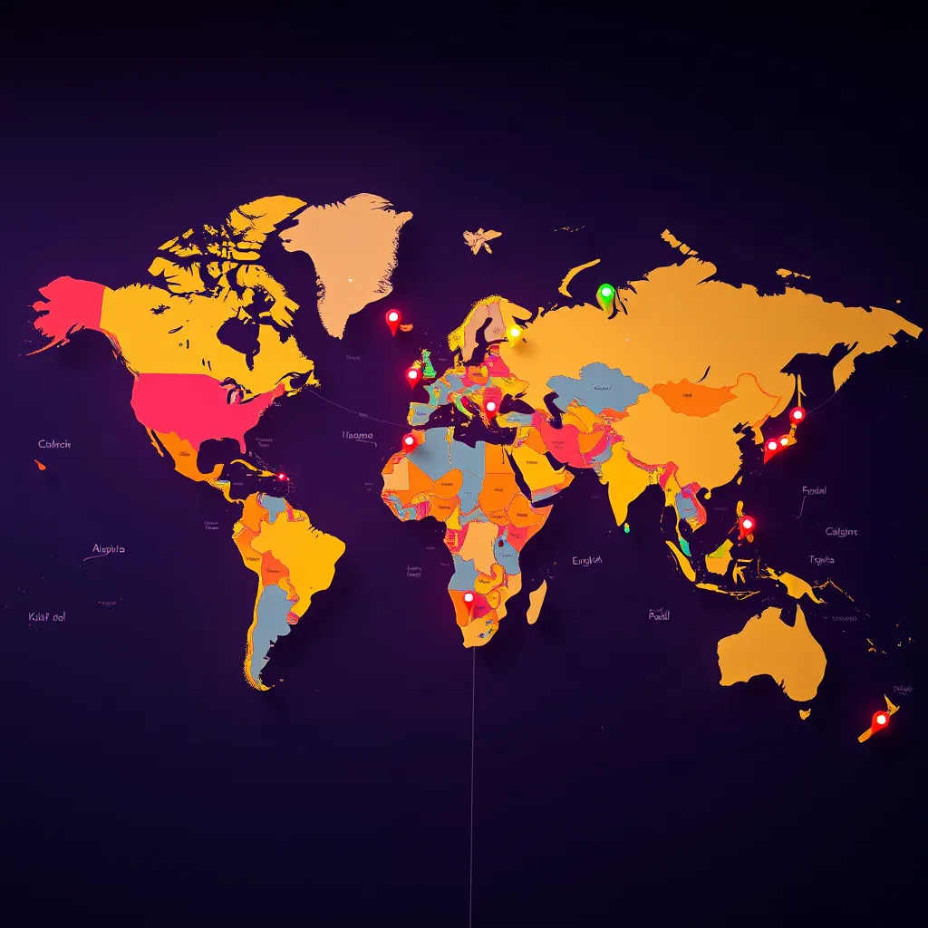 Farklı şekillerde dağılmış pinlerin bulunduğu, Human Pal kullanıcılarının çevrimiçi olarak kurma bağlantılarını ve işbirliği yaparak temsil eden küresel bir harita. Harita canlı ve renkli olmalıdır, platformun çeşitli ve kapsayıcı doğasını sembolize eder.