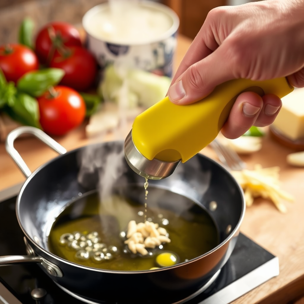 A hand using the Push Garlic Crusher to mince garlic over a sizzling pan with olive oil. In the background, partially blurred, are various ingredients for a pasta dish, such as tomatoes, basil, and Parmesan cheese. The lighting is warm, capturing the steam rising from the pan. The angle is slightly angled to convey a sense of motion and action. Style is photorealistic.